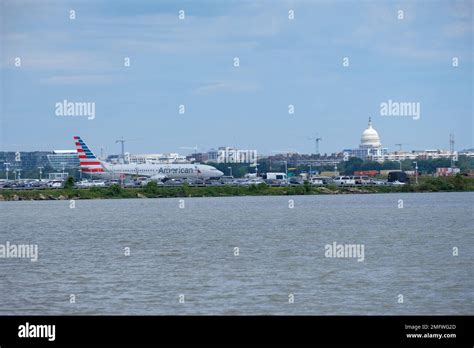 Airplane On Runway Of Ronald Reagan Washington National Airport Stock