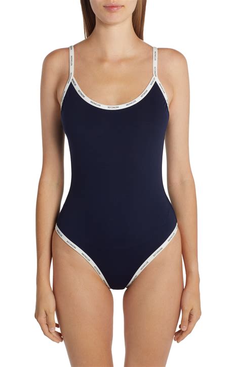 moncler logo trim one piece swimsuit in blue lyst