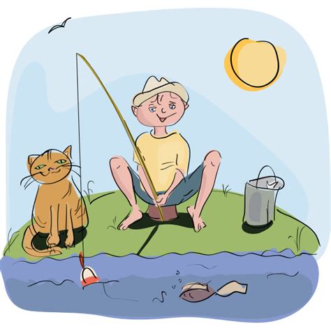 Boy And Cat Fishing Vector Drawing Free Svg