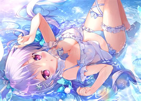 mikeou original magenta eyes 1girl o arms up bikini blush breasts cleavage frilled