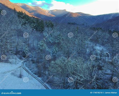 Aerial Drone Snowy Winter View Of Blue Ridge Mountains In Asheville