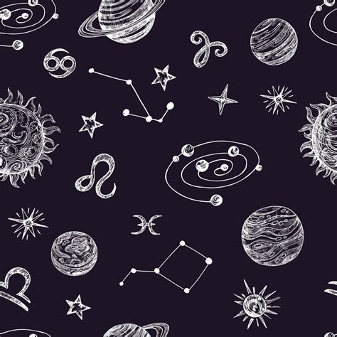 Hand Drawn Space With Stars Planets And Moon Doodle Night Sky Vector