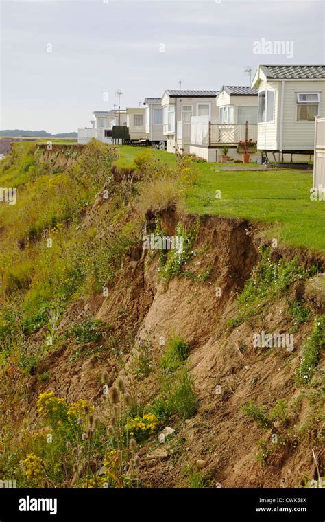 Static Caravans Perched Precariously On The Eroding Cliffs At Hornsea