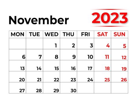 Calendário Mensal De 2023 Para Novembro Com Visual Bem Clean Vetor