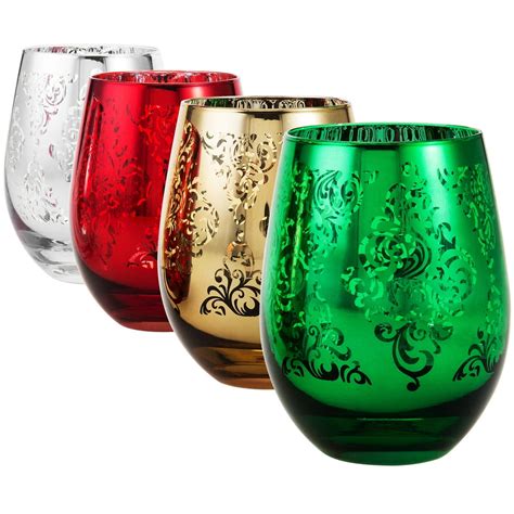Myt Metallic Multi Color Christmas Themed Stemless Wine Glasses Set Of 4