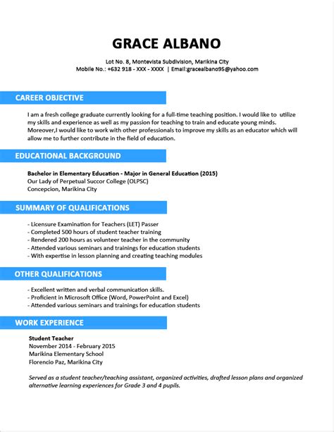 Sample resume format for fresh graduates one page format. Sample Resume Format for Fresh Graduates (Two-Page Format ...