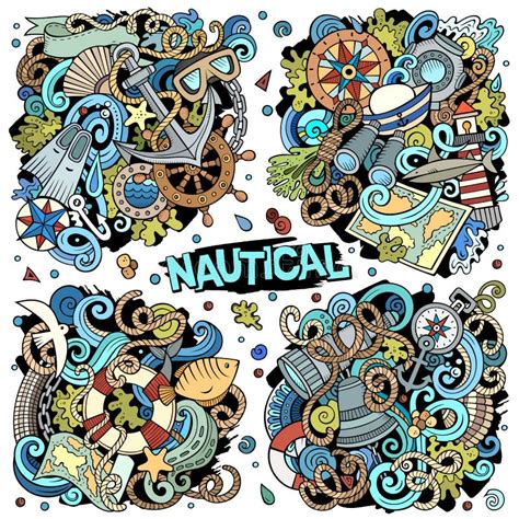 Nautical Cartoon Vector Doodle Designs Set Stock Vector Illustration