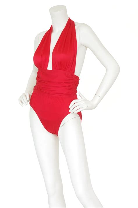 1980s Red Plunge Neck Halter Swimsuit Swimsuits Halter Swimsuits
