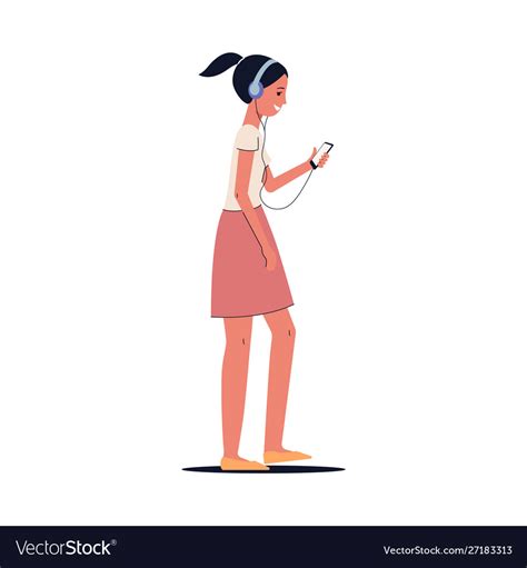 Cartoon Girl With Headphones Walking And Listening