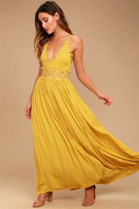 Mustard Yellow Maxi Dress Lace Maxi Dress Plunge Neck Lulus