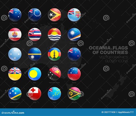 Oceania Countries Flags 3d Sphere Glossy Icons Set On Black Background