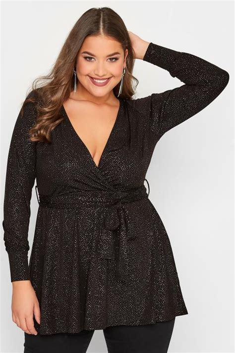 Yours London Plus Size Black Glitter Wrap Top Yours Clothing
