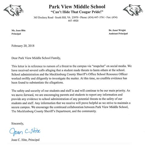Park View Middle School — Press Release Feb 20 2018 Mecklenburg