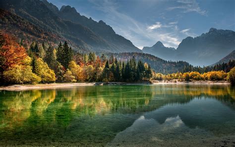 Nature Landscape Lake Mountains Forest Fall Mist Sunset Water