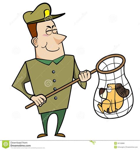 Cartoon Animal Control Officer With Dog In Net Stock