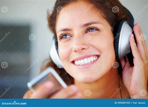 Happy Headphones And Closeup Of Young Woman Listening To Music