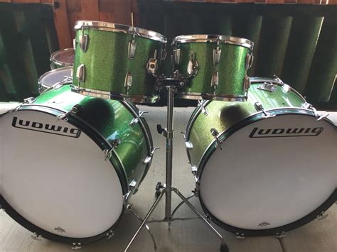 Detail 70s Vintage Ludwig Green Sparkle Drum Set W 2 14x28 Bass Drums