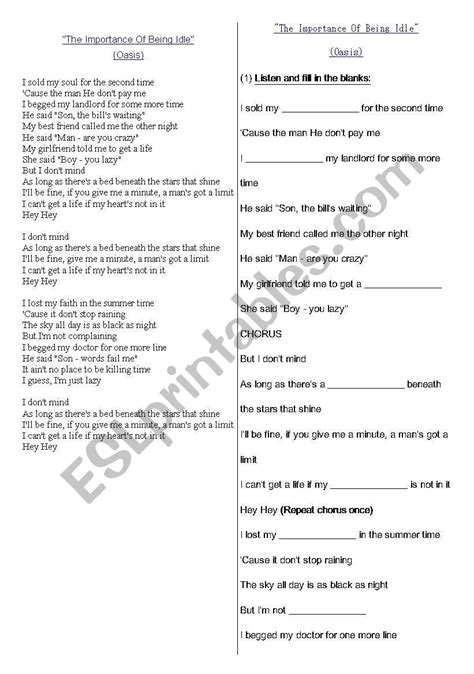 English Worksheets Oasis The Importance Of Being Idle