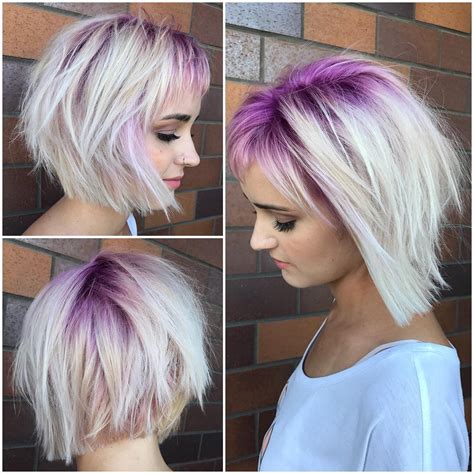 Platinum Stacked Bob With Choppy Bangs And Pink Shadow