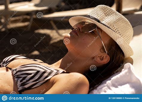 Beautiful Girl In Glasses And Hat Sunbathing Stock Image Image Of