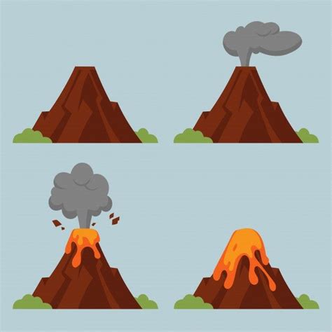 Set Of Volcanoes Of Varying Degrees Of Eruption Flat Style