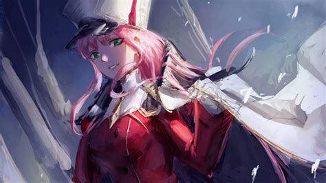 Darling In The Franxx Zero Two With Hat With Background Of Gray And Blue 4k Hd Anime Wallpapers