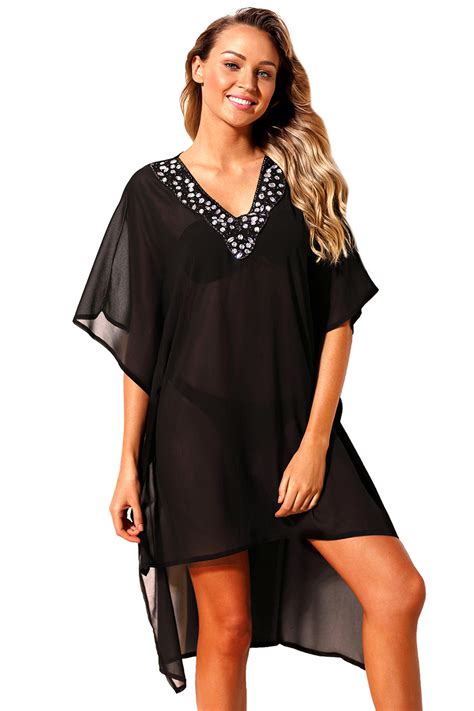 Rhinestone V Neck Black Sheer Kimono Beach Cover Up Dress [lc42236black] 12 99 Cheap