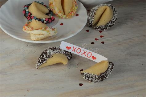 Open Fortune Cookie Xoxo Valentines Day And Tea Stock Image Image Of