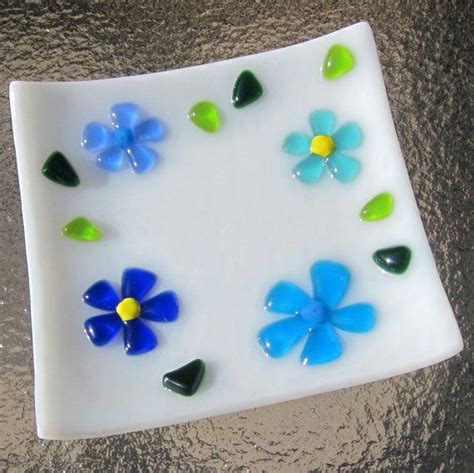 Fused Glass Dish Glass Ring Holder Blue Flowers By Shakufdesign Fused Glass Plates Fused Glass