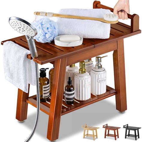 Etechmart 2 Tier Bamboo Shower Bench 24 Inch Spa Stool With Storage