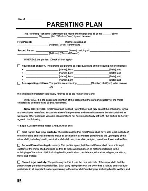 Printable Child Contact Forms For Parenting Plans Printable Forms