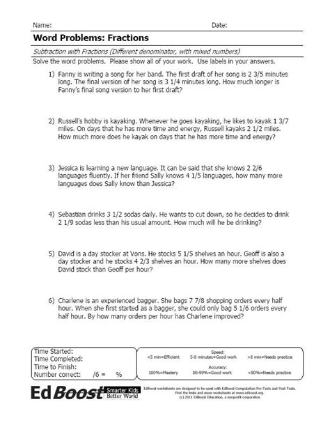 Subtracting Mixed Numbers Word Problems Worksheet