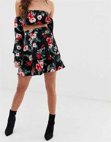 Prettylittlething Co Ord Mini Skirt With Frill Detail In Black Floral Asos Latest Fashion