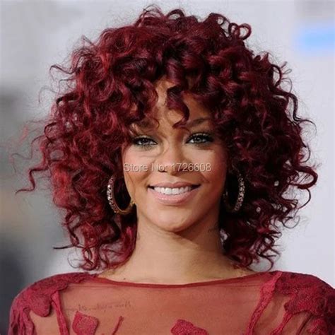 2016 Rihanna Hairstyle Wigs Red Wine Color Pin Curl Perm Curly Wave