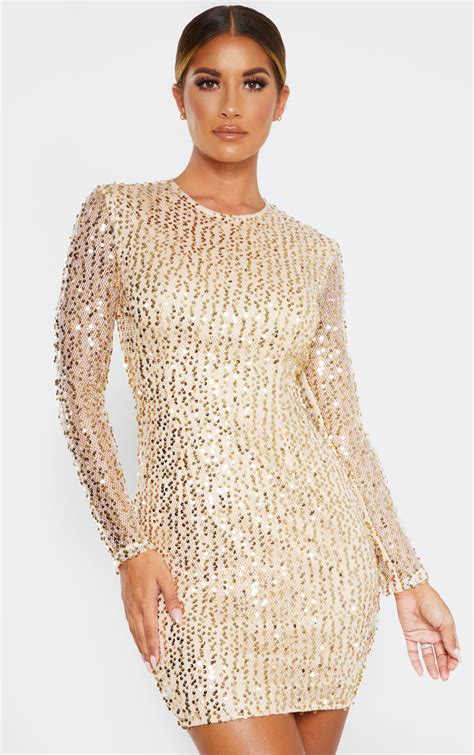 Gold Sequin Long Sleeved Bodycon Dress Prettylittlething Usa