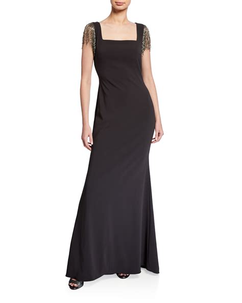 Badgley Mischka Collection Square Neck Beaded Fringe Sleeve Crepe Gown