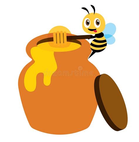 Cartoon Cute Bee Use Honey Dipper To Take Honey From Honey Pot Flat Art Vector Stock Vector