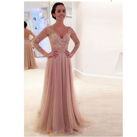 2016 Nude Tulle Long Sleeves V Neck Prom Dress With Sheer Back On Luulla