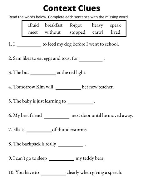 Context Clues Worksheet 1st Grade