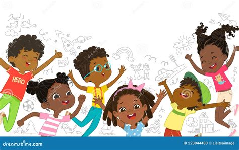 A Group Of African American Boys And Girls Play Together Jumping And