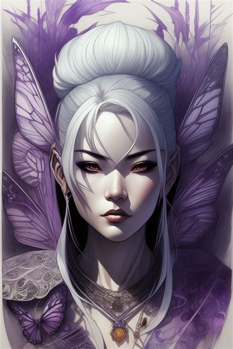 Enchantress Woman Japanese White Hair Somber Expression Butterfly