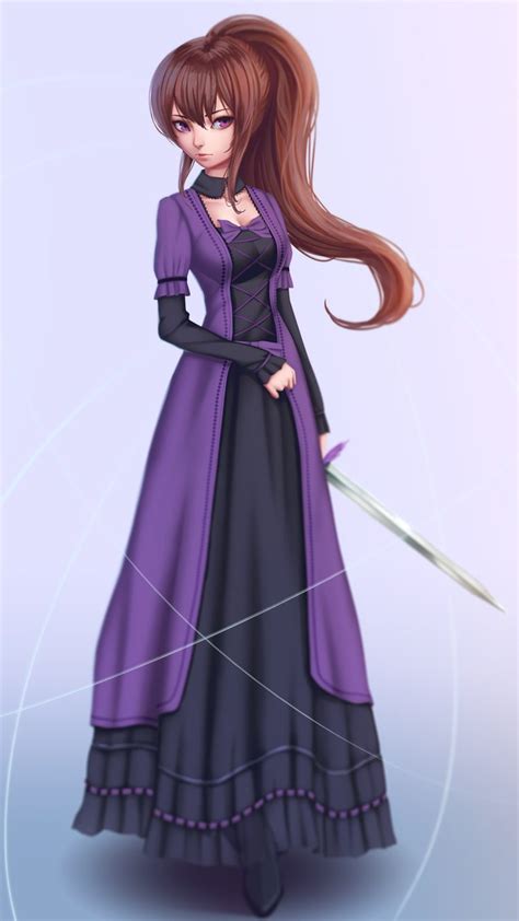 Long Hair Brunette Purple Eyes Anime Anime Girls Dress Sword
