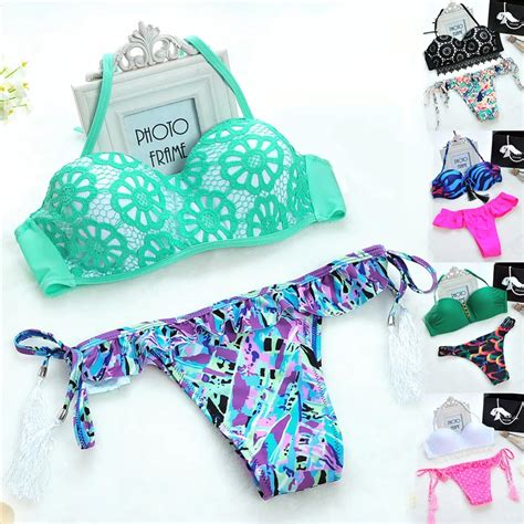 Sexy Lace Tassel Print Bandage Bikini Set With Padded Push Up Swimwear Women Brazilian Bikini