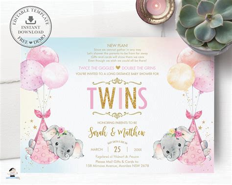 Twins Elephant Baby Shower By Mail Invitation Instant Etsy Australia
