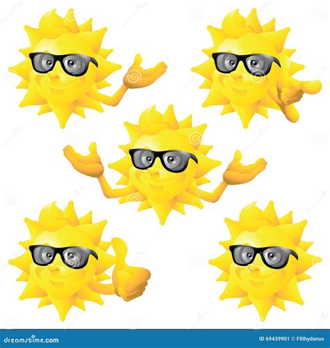 Sun Cartoon Character With Black Sunglasses Set Stock Vector