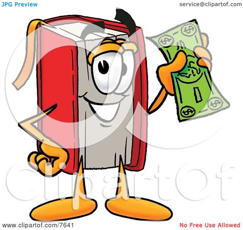 Clipart Picture Of A Red Book Mascot Cartoon Character Holding A Dollar