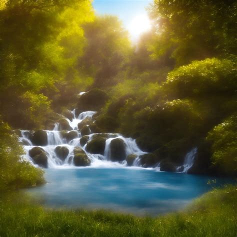 Premium Ai Image A Painting Of A Waterfall In A Forest With The Sun