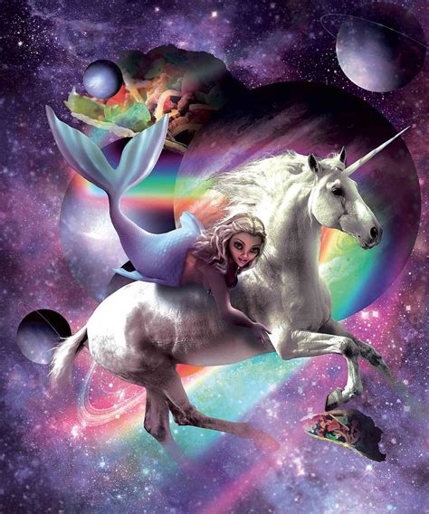 Space Mermaid Riding Unicorn Tacos And Rainbow Digital Art By Random