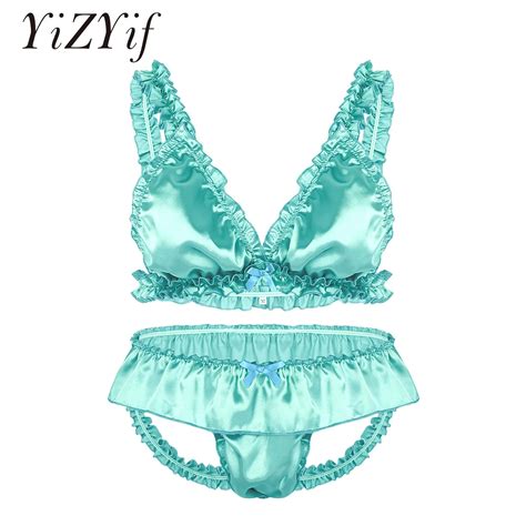 Yizyif Sexy Men Sissy Underwear Set Soft Satin Panties Elastic Frilly Ruffled Lingerie Set Mens