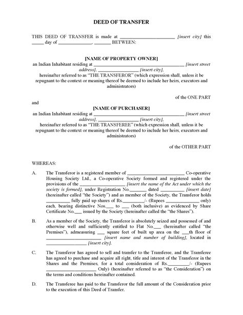 Transfer Of Property Ownership Agreement Template